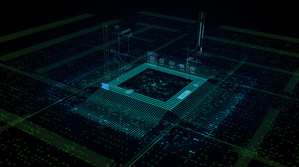 CPU Chip on Motherboard - abstract 3D render of a computer processor chip on a circuit board with microchips and other computer parts