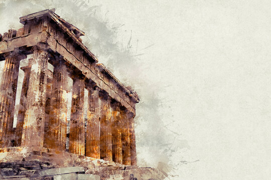 Watercolor illustration of the Parthenon, the ruins of an ancient monument in the Acropolis. Athens, Greece.