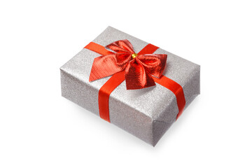 Gift in silver packaging are with a red ribbon with a bow, isolate.