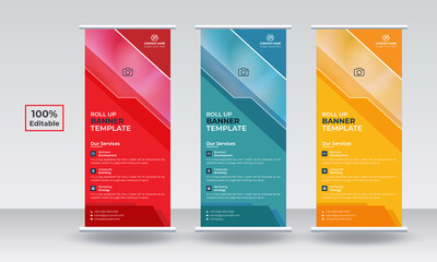 Roll up banner stand template design. Modern exhibition advertising trend business roll up banner. Rollup, roll up stand, roll up template, roll up design. Roll up banner design, roll up banner red, r