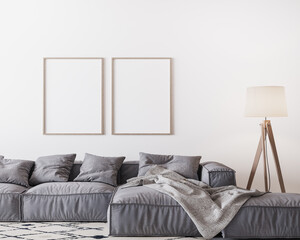 Home interior mock-up with gray sofa and wooden floor lamp in bright living room, two wooden frame mockup on white wall, 3d render