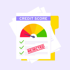 Rejected credit score gauge speedometer indicator with color levels on paper sheets and file. Measurement from poor to excellent rating for credit or mortgage loans flat style vector illustration.