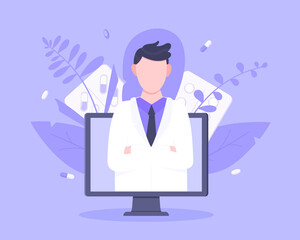 Online doctor medical service concept with doctor in the monitor screen vector illustration. Telemedicine web consultation for patients health care check ups and taking medicine prescription pills.