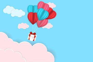 Love and Valentine's Day illustration with heart balloon, gift and clouds. Vector illustration