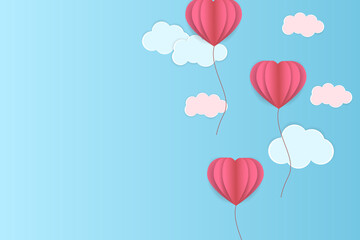 Fototapeta na wymiar Valentine heart with flying balloons on a heavenly background. Vector love card for happy mother, Valentine's Day or birthday greeting card design.