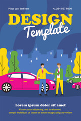 Businessman taking vehicle in car sharing. Automobile, handshake, rent flat vector illustration. Transportation and urban lifestyle concept for banner, website design or landing web page