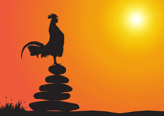 Silhouette of chicken crowing on stone pile on sunrise background vector illustration