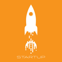 White rocket launch flat icon, business start up concept vector illustration
