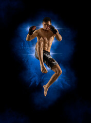 MMA fighter jumping with a knee kick