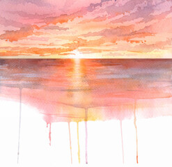 Watercolor illustration Sunset at the sea with sprinkles