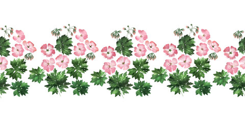 Watercolor seamless border with inflorescences, flowers, buds and leaves of the geranium plant - obrazy, fototapety, plakaty