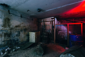 Old broken dirty abandoned industrial building basement, illuminated by color lamp