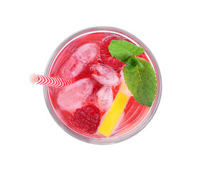 Delicious raspberry lemonade made with soda water isolated on white, top view