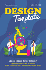 Obraz premium Scientists doing research of coronavirus. Medical lab, doctors, microscope flat vector illustration. Covid test, science, medicine, healthcare concept for banner, website design or landing web page