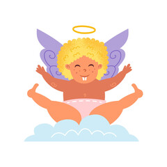 Cupid with blond hair and halo sitting on cloud. Angel, child, boy. Love, wedding. St Valentine's Day. Flat vector illustration. 