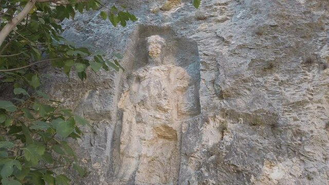 Close - up view of kybele relief in Corum. 4K Footage in Turkey