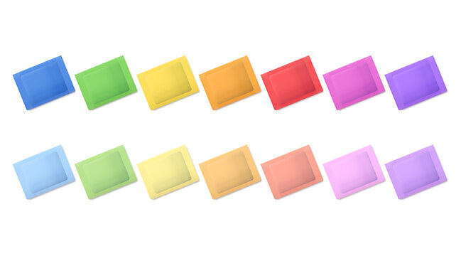 Rainbow colored packets. A set of pouches in vibrant colors, and another set in softer tones. Multicolored small bags to contain single-use quantities of foods or consumer goods. Illustration. Vector