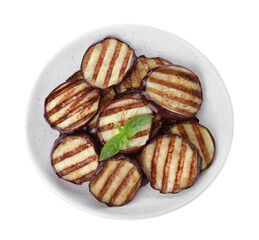 Delicious grilled eggplant slices with basil isolated on white, top view