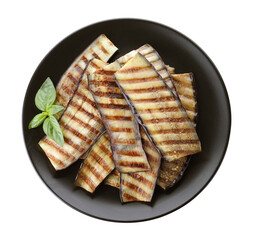 Delicious grilled eggplant with basil isolated on white, top view