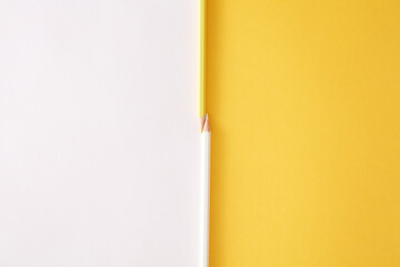 Multicolored pencils on a yellow and white universal two tones paper background. two multicolored pens, two tones of a two-color substrate. top view close up.