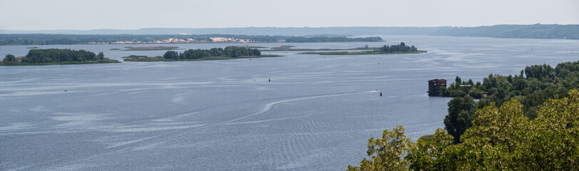 Fototapeta premium Dnipro river summer panoramic landscape, Kaniv water Reservoir, Kyiv Region, Ukraine.