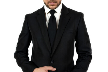 Unrecognizable man wearing a suit and posing on a white background