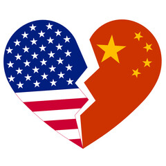 Broken heart in the color USA and China vector flag isolated on white background