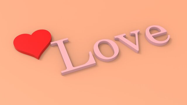 Pink love lettering and a red heart on an orange background. 3D render stock image.