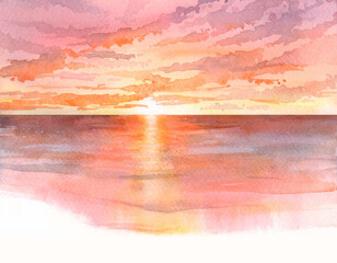 Watercolor illustration Sunset at the sea