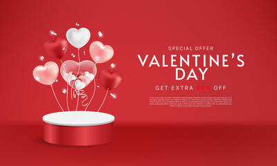 Valentine's day sale background with round podium, heart balloons and silver confetti. Can be used for wallpaper, flyers, invitation, posters, brochure, banners. Vector illustration.