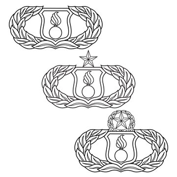 U.S. Air Force Munitions (AMMO) Badge Set is an illustration that includes the basic, senior and master Air Force Munitions (AMMO) Wings. This complete set is used for the United States Air Force.