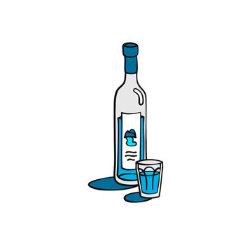 Vodka bottle and glass superimposed outline icon on white background. Colored cartoon sketch graphic design. Doodle style. Hand drawn image. Party drinks concept. Freehand drawing style