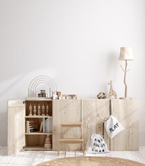 Blank wall mock up in cozy nursery interior background, Scandinavian style, 3D render - obrazy, fototapety, plakaty
