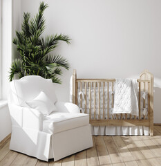 Blank wall mock up in cozy nursery interior background, Scandinavian style, 3D render - obrazy, fototapety, plakaty