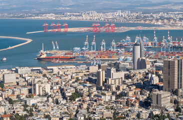 View from Mount Carmel to the downtown, the port and the Mediterranean Sea and Haifa city, in Israel.