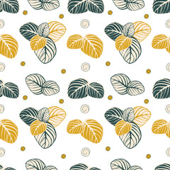 Seamless pattern of leaves and circles on a white background. Suitable for printing on textiles, fabrics, bedding, wrapping paper, covers, wallpaper designs. 