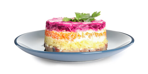 Herring under fur coat isolated on white. Traditional russian salad