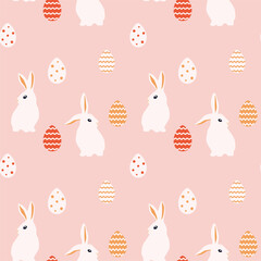 Easter bunnies and eggs. Vector seamless pattern