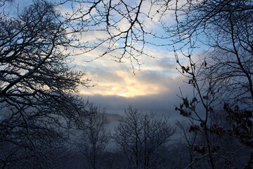 A photograph of a beautiful view from a mountain, through woodland out over a valley, early sunrise on a snowy morning