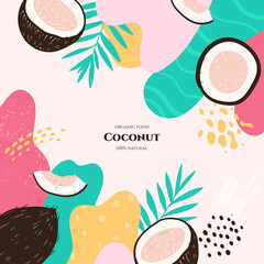 Vector frame with doodle coconut and abstract elements. Hand drawn illustrations.