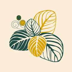 A flower made of green and yellow leaves on a pink background for printing on pillows, fabrics, clothes, covers, gliders. Vector illustration.