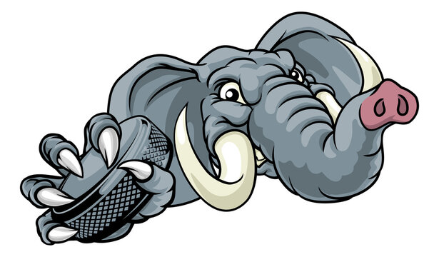 An elephant ice hockey player animal sports mascot holding a puck
