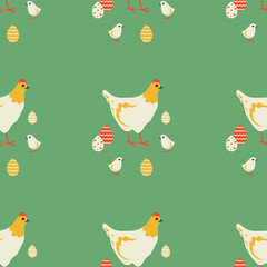Easter chicken and eggs. Vector seamless pattern EPS
