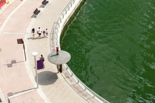 4 Member Family Is Walking Near The Lake In Dubai Marina, UAE. Father, Mother, Son And Daughter Are Walking All Together While Boy With Bicycle Is Following Them. Arial Shot. Family Fun Concept.