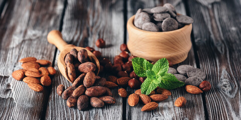 Cocoa beans, almonds, hazelnuts, chocolate and mint leaves on a dark wooden table. Selective focus, banner.