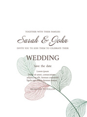 Wedding invitation with leaves eucalyptus, isolated on white. Vector 