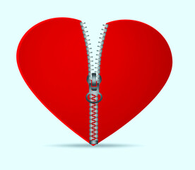 Red heart with a zipper. Element for your design. Valentine's day, wedding, mother's day. Vector illustration.