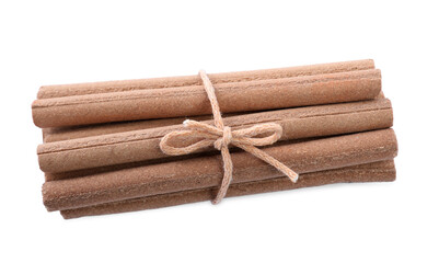 Many aromatic incense sticks tied with twine on white background