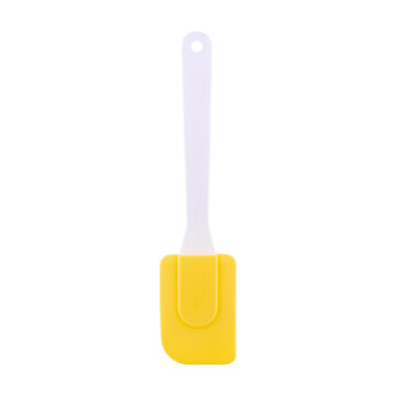 Yellow silicone spatula isolated on white background, copy space