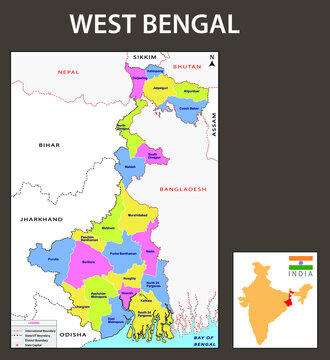 West Bengal map. Showing International and State boundary and district boundary of West Bengal. Political and administrative colorful map of West Bengal with districts name. .